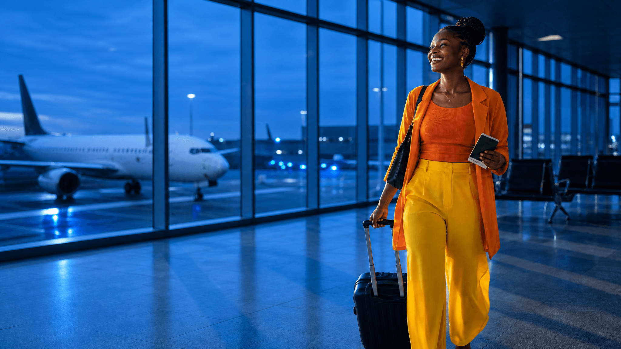 A smiling traveller with a suitcase and passport walking through an airport terminal at sunset